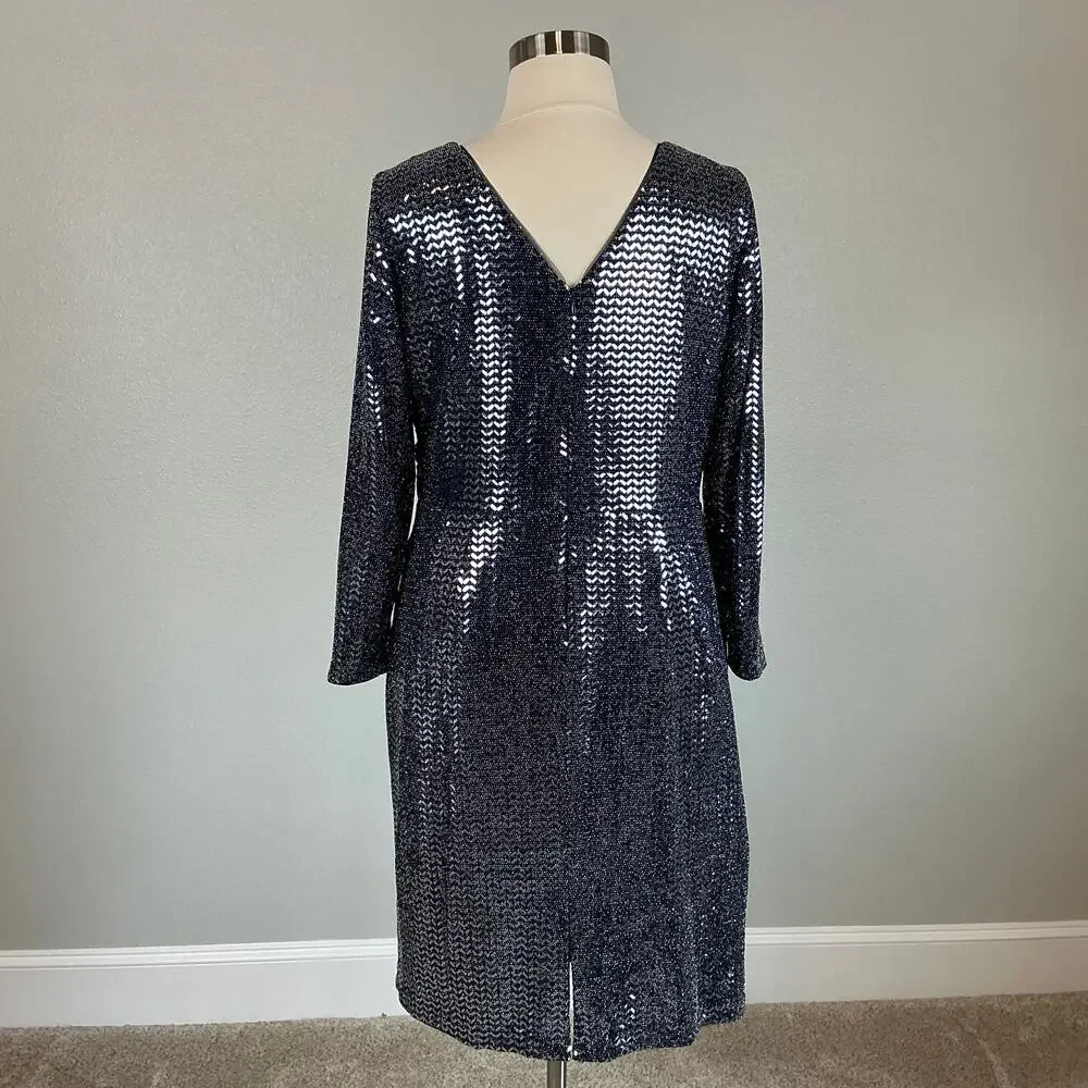 Betsy & Adam Sparkly Long Sleeve V-Neck Sheath Cocktail Dress Size 18W Navy Blue - Picture 7 of 13